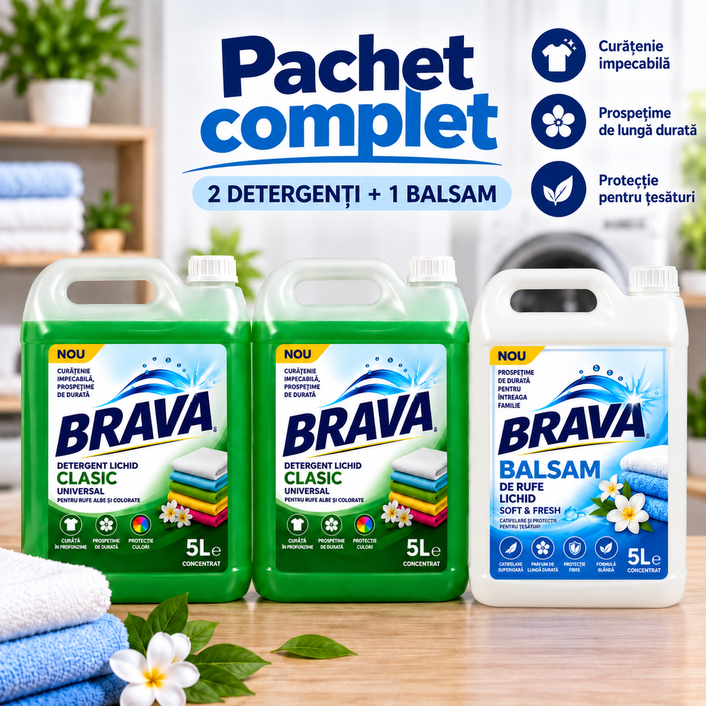 Pachet Complet BRAVA – 2 × Detergent Lichid 5L + Balsam de Rufe 5L