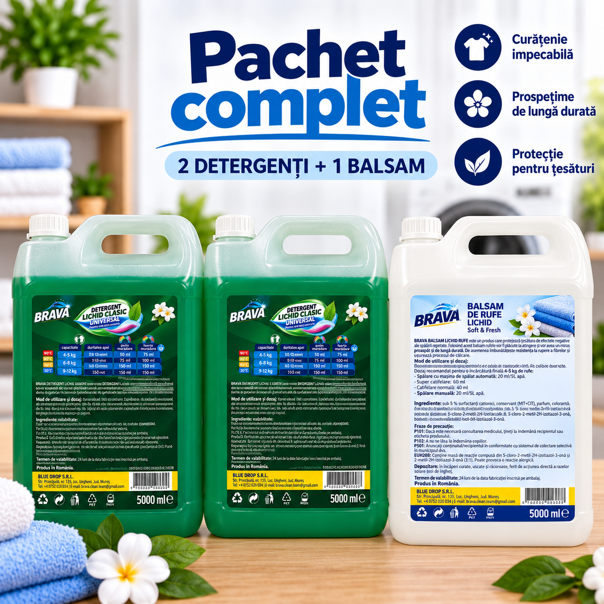 Pachet Complet BRAVA – 2 × Detergent Lichid 5L + Balsam de Rufe 5L