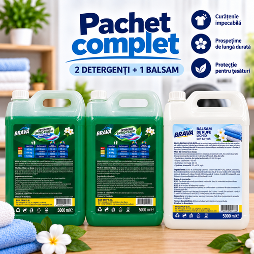 Pachet Complet BRAVA – 2 × Detergent Lichid 5L + Balsam de Rufe 5L